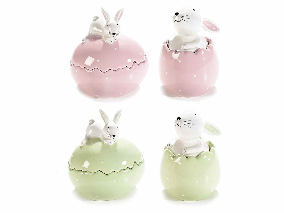 Barattoli / contenitori / biscottiere a uovo di pasqua in ceramica colorata, set da 4 pezzi, cm 11,5 x 10 x 13,5 H