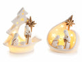 Presepe Sacra Famiglia in ceramica bianca con dettagli color oro e luci led, set da 6 pezzi, cm 11 x 5,5 x 13 H