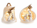Presepe Sacra Famiglia in ceramica bianca con dettagli oro e luce LED, set da 2 pezzi, Ø 11 cm x 12,5 H