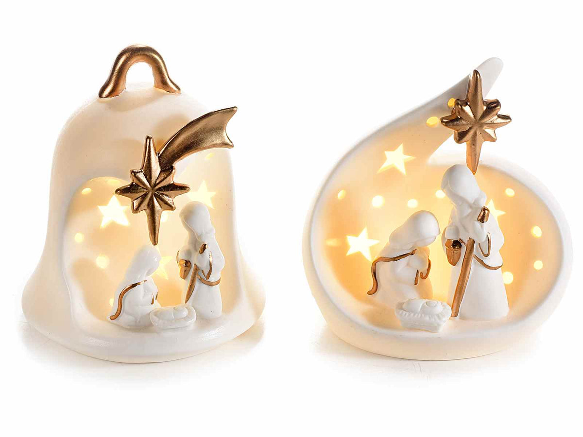 Presepe Sacra Famiglia in ceramica bianca con dettagli oro e luce LED, set da 2 pezzi, Ø 11 cm x 12,5 H