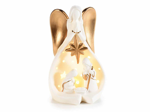 Presepe Sacra Famiglia con dettagli color oro e luci led in ceramica bianca, cm 10,5 x 9 x 18 H