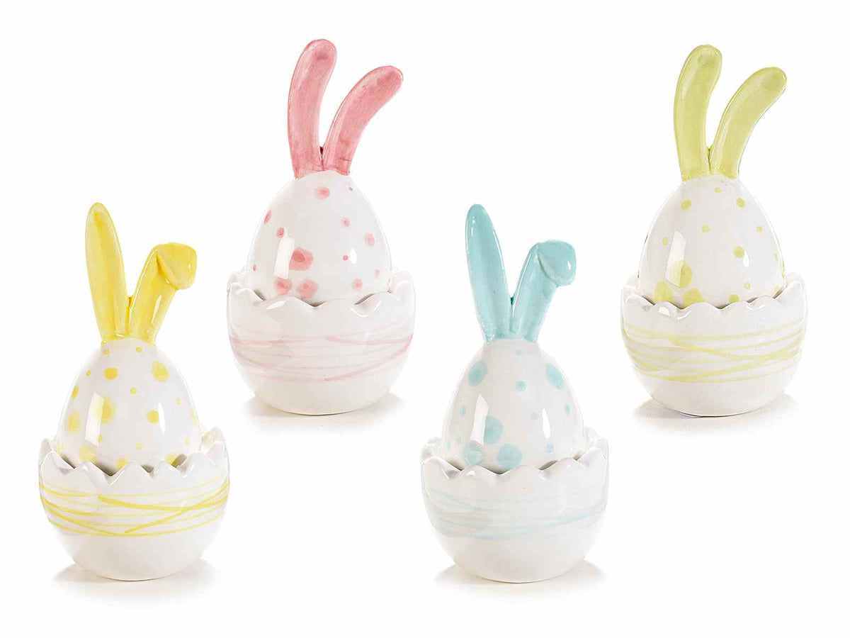 Barattolini pasquali a uovo con orecchie a coniglio in ceramica colorata, set da 8 pezzi, Ø 6 cm x 12 H
