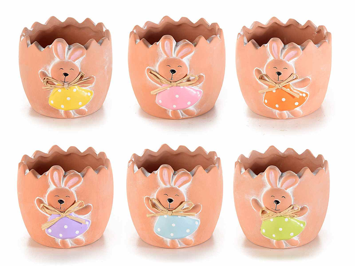 Vasetto pasquale a uovo in ceramica con coniglietto decorativo, set da 6 pezzi, cm 10,5 x 11,5 x 9,5 H