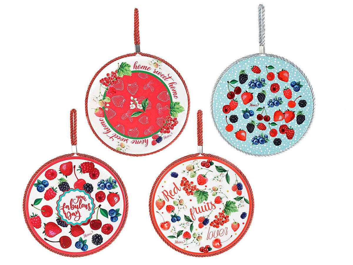 Sottopentola in ceramica con decori frutti rossi con base in sughero e scatola, set da 8 pezzi, Ø 19