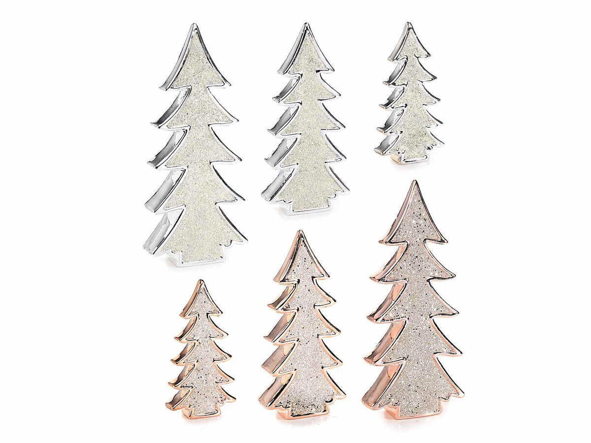 Alberi natalizi decorativi in ceramica metallizzata con glitter, set da 2 pezzi, Grande: cm 11,5x4,5x26 H