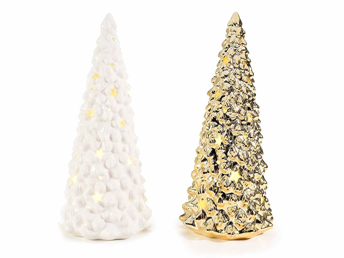 Set di 2 alberi di Natale decorativi luminosi in ceramica con luce led bianco caldo, Ø 14,5 cm x 33 H