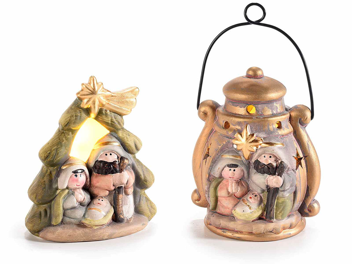 Lanterna Presepe / Sacra famiglia in terracotta colorata con dettagli dorati, set da 4 pezzi, cm 10,5 x 7 x 12 H