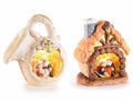 Presepe luminoso in terracotta colorata con Sacra Famiglia e luce led bianco, set da 4 pezzi, cm 15 x 8 x 16 H