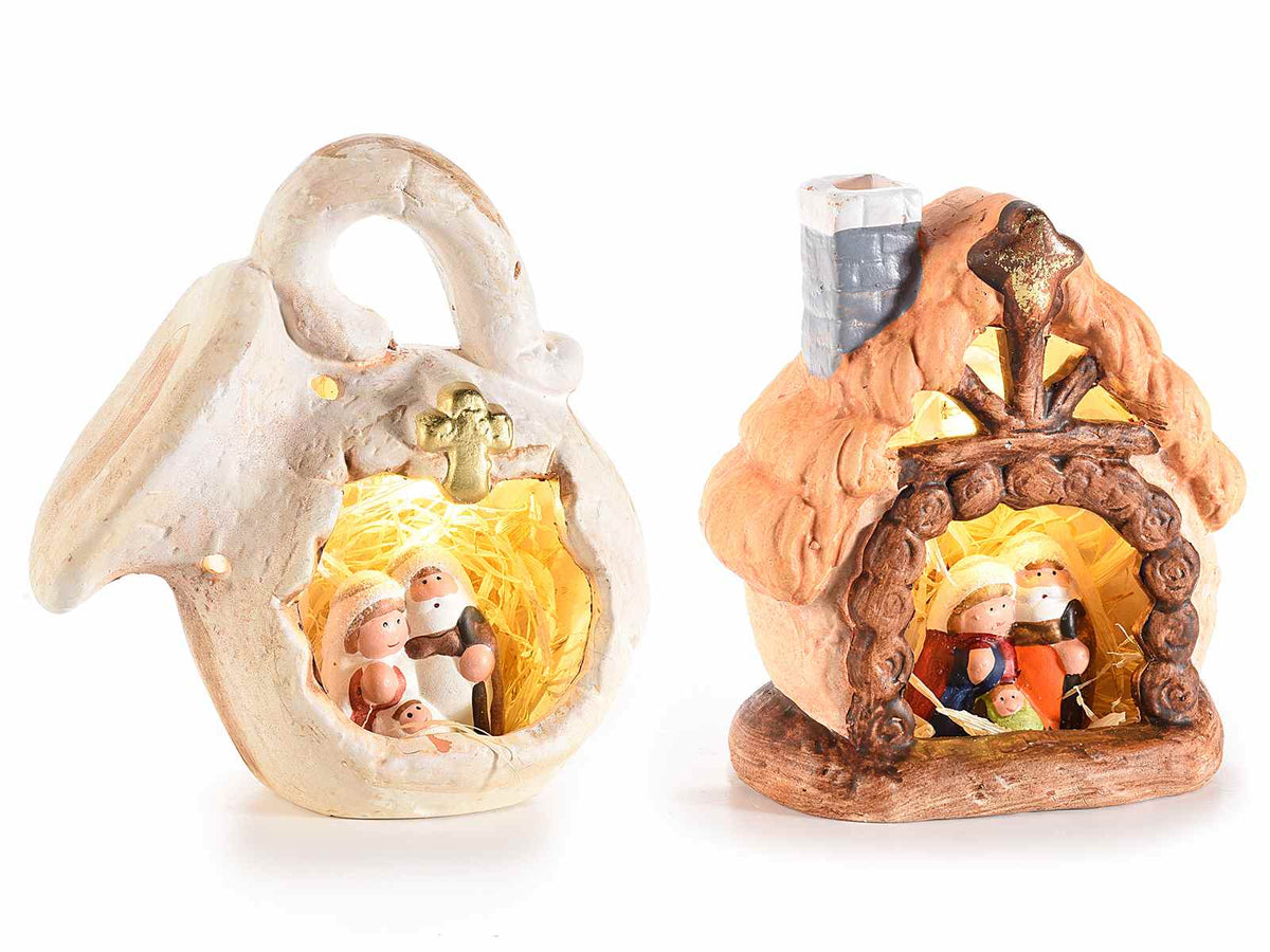 Presepe luminoso in terracotta colorata con Sacra Famiglia e luce led bianco, set da 4 pezzi, cm 15 x 8 x 16 H