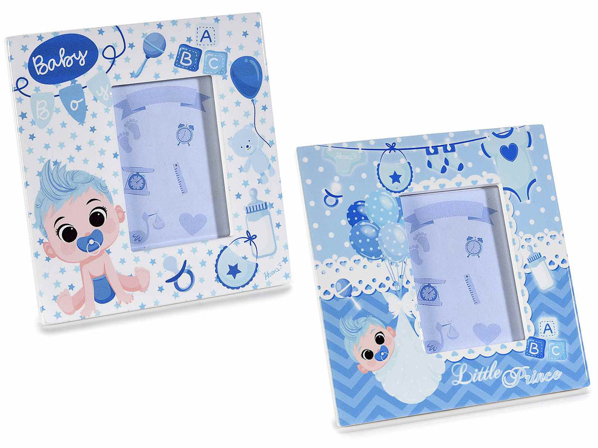 Portafoto in ceramica lucida blu nascita bimbo. Card scrivibile fai da te, set da 6 pezzi, cm 12 x 12,5 H