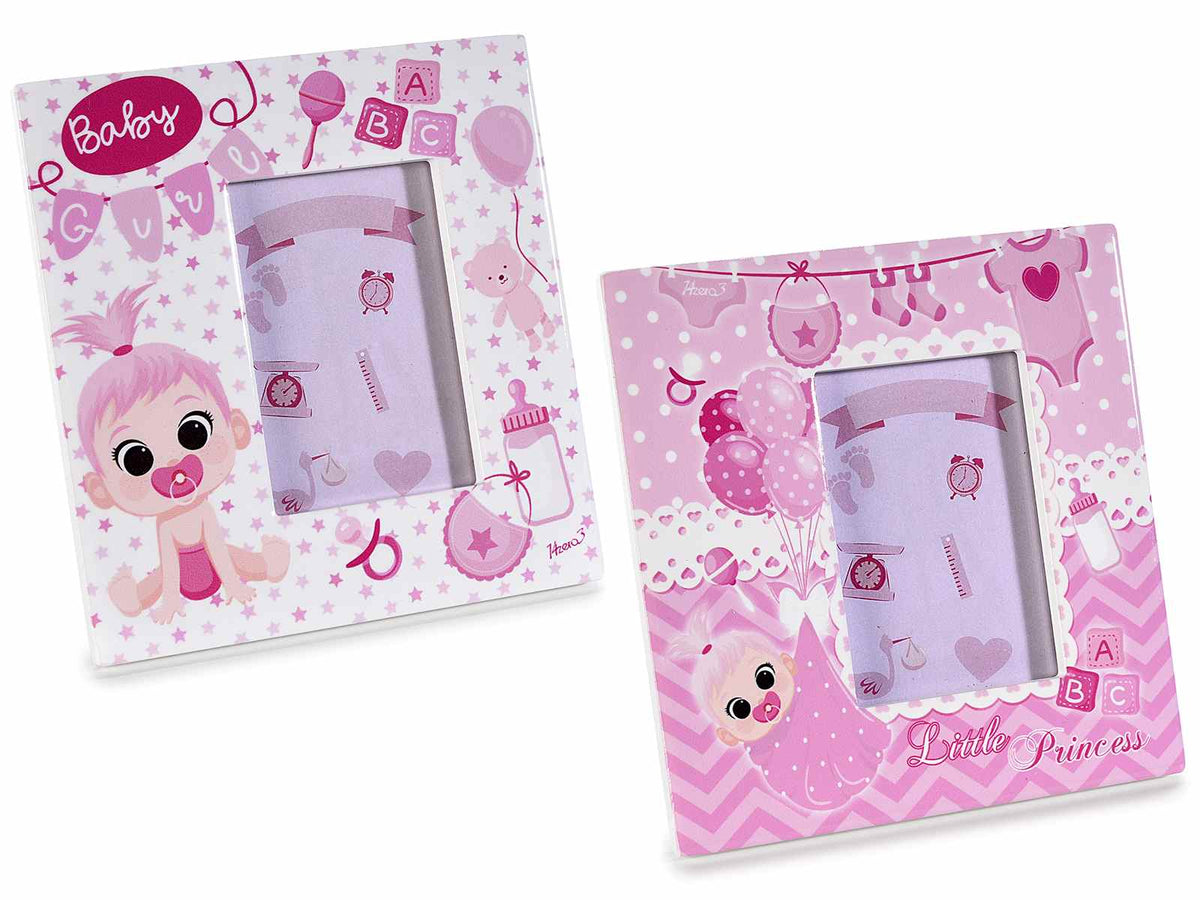 Portafoto nascita bimba in ceramica lucida rosa. Card scrivibile fai da te, set da 6 pezzi, cm 12 x 12,5 H
