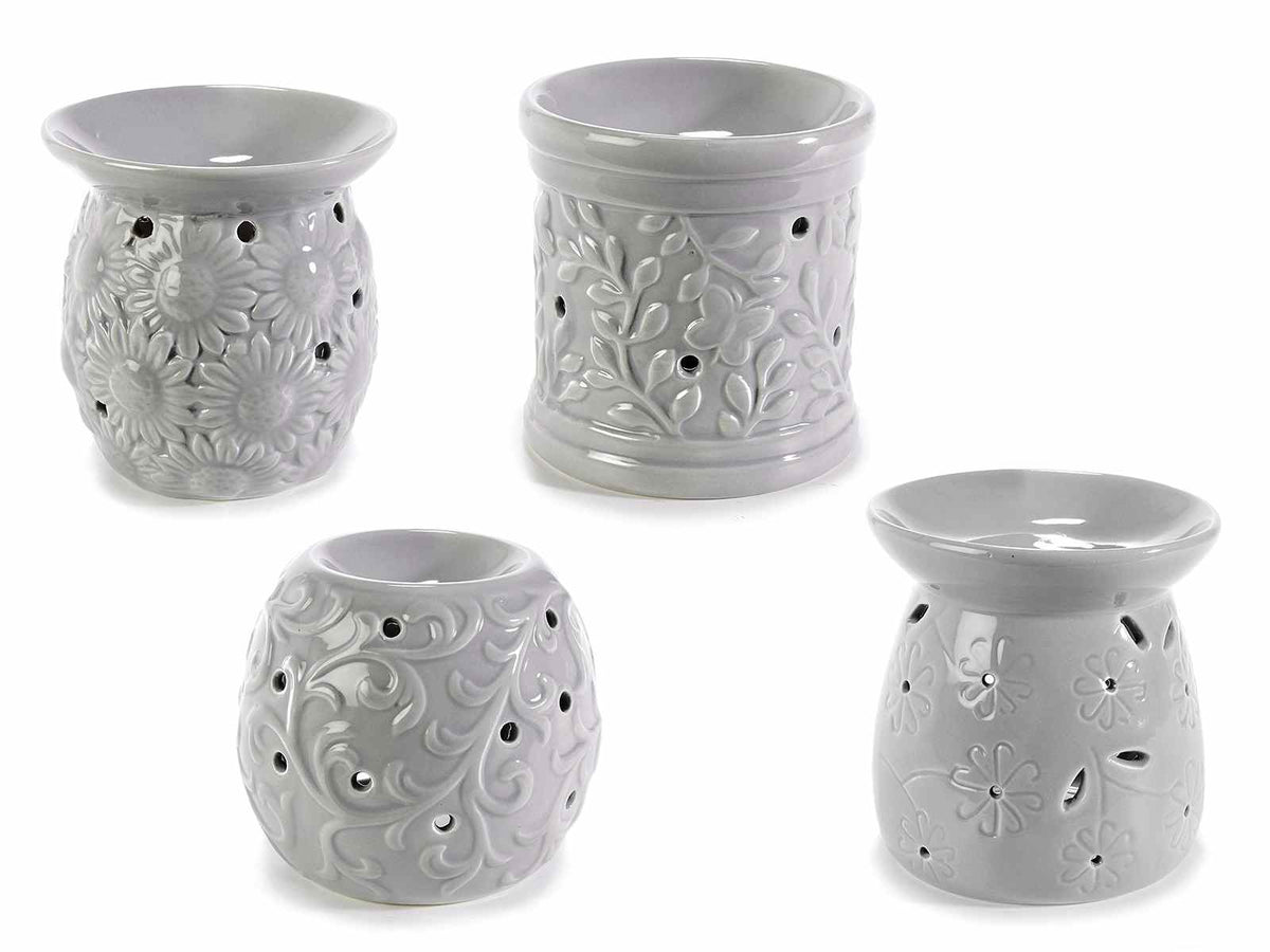 Brucia essenze in ceramica grigia con decori floreali in rilievo, set da 4 pezzi, Ø 9 cm x 9,5 H
