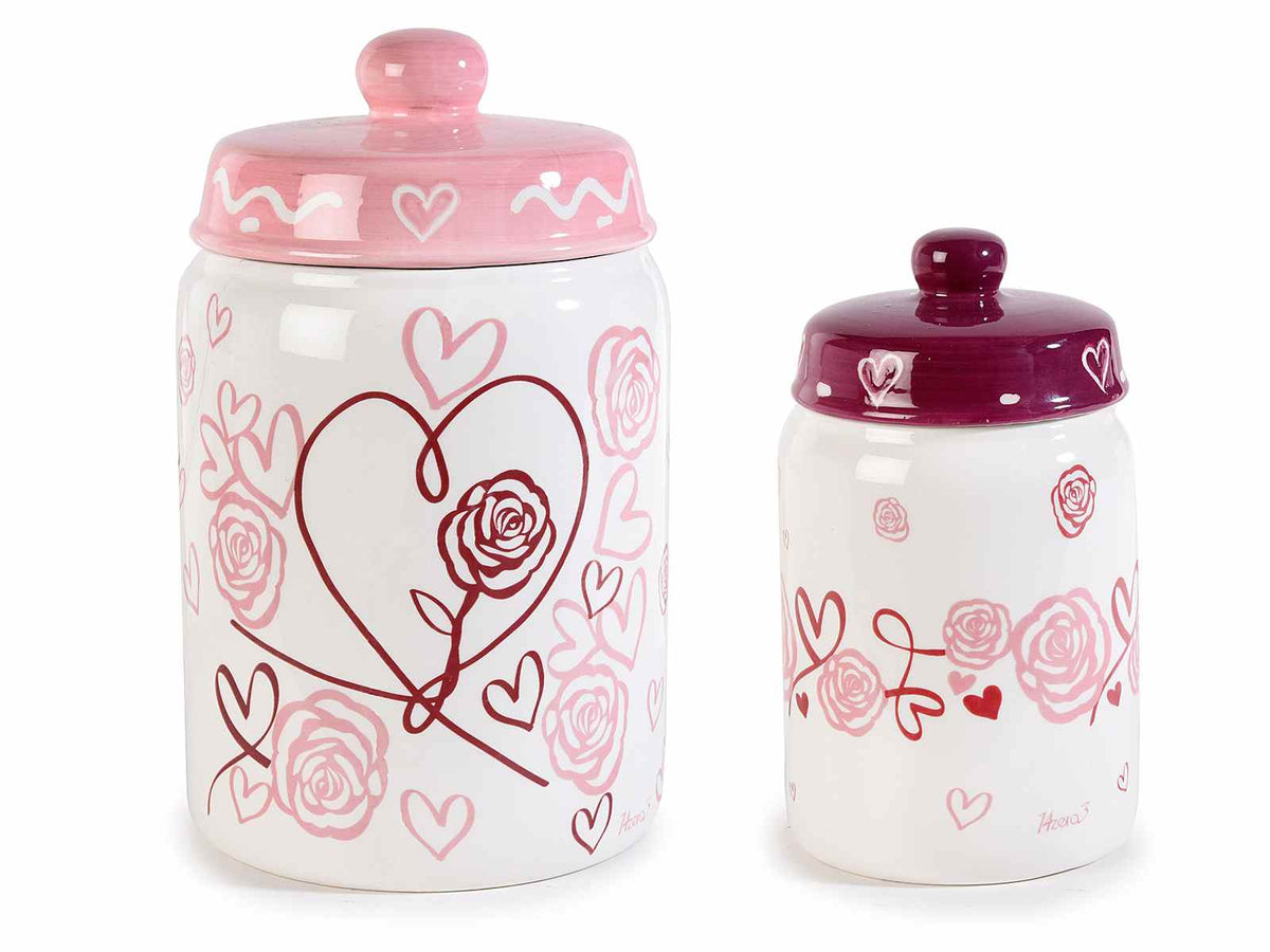 Barattoli da cucina in ceramica colorata decorata con rose e cuori, Grande: Ø 11,5 cm x 19 H