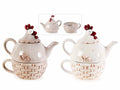 Teiere e tazze in ceramica colorata a forma gallinella con decori in rilievo, set da 2 pezzi, cm 17 x 12 x 16 H