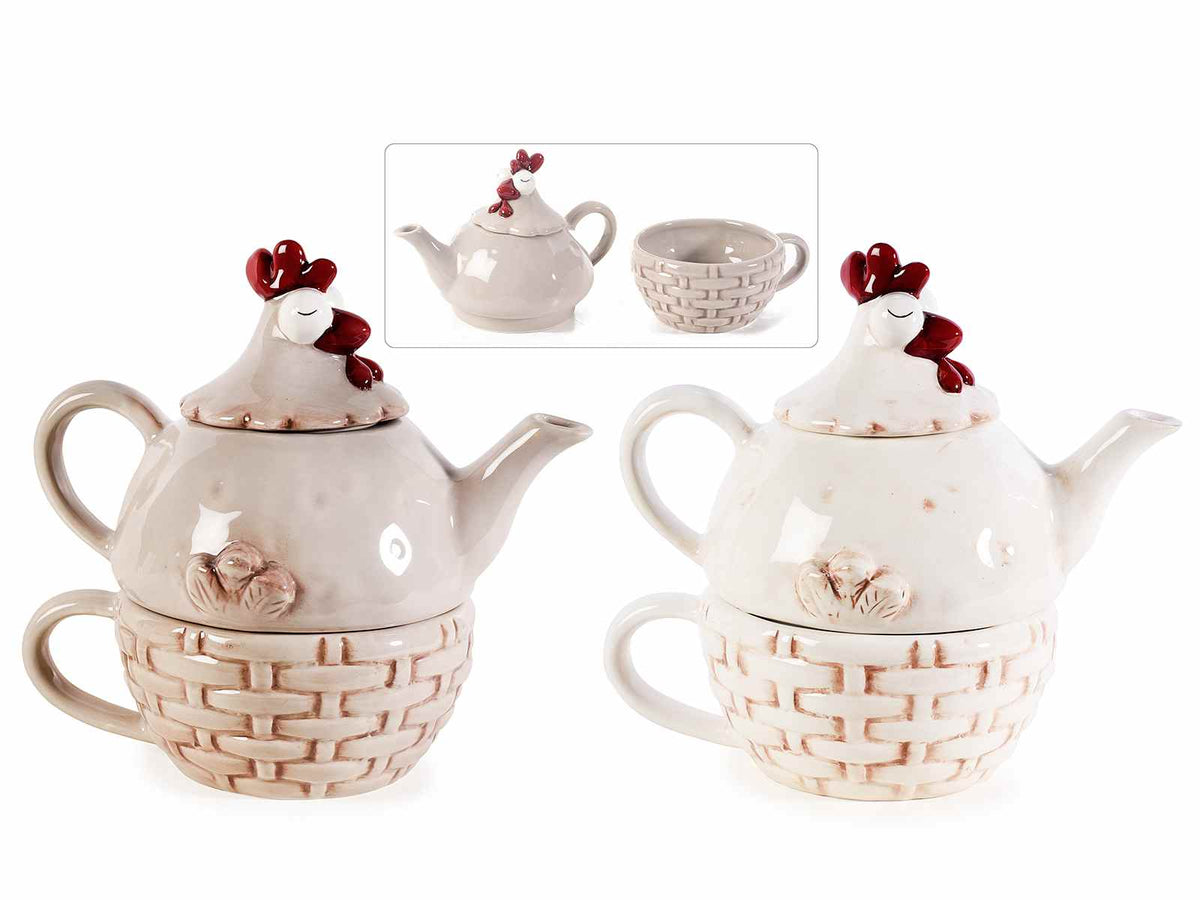 Teiere e tazze in ceramica colorata a forma gallinella con decori in rilievo, set da 2 pezzi, cm 17 x 12 x 16 H