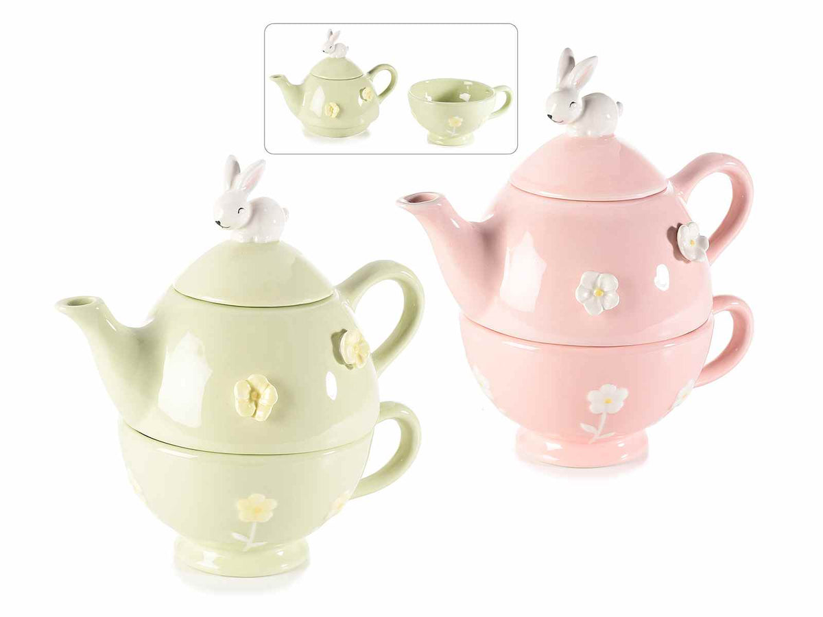 Tazza e teiera in ceramica color pastello con decori a fiore e coniglio, set da 2 pezzi, cm 19 x 12 x 18,5 H