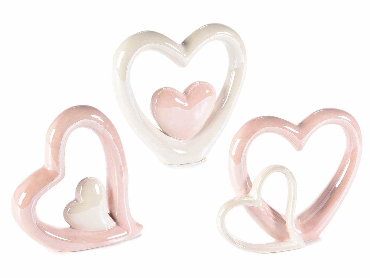 Cuori decorativi in ceramica lucida bianca e rosa da appoggiare, set da 3 pezzi, cm 12,5 x 3 x 12 H