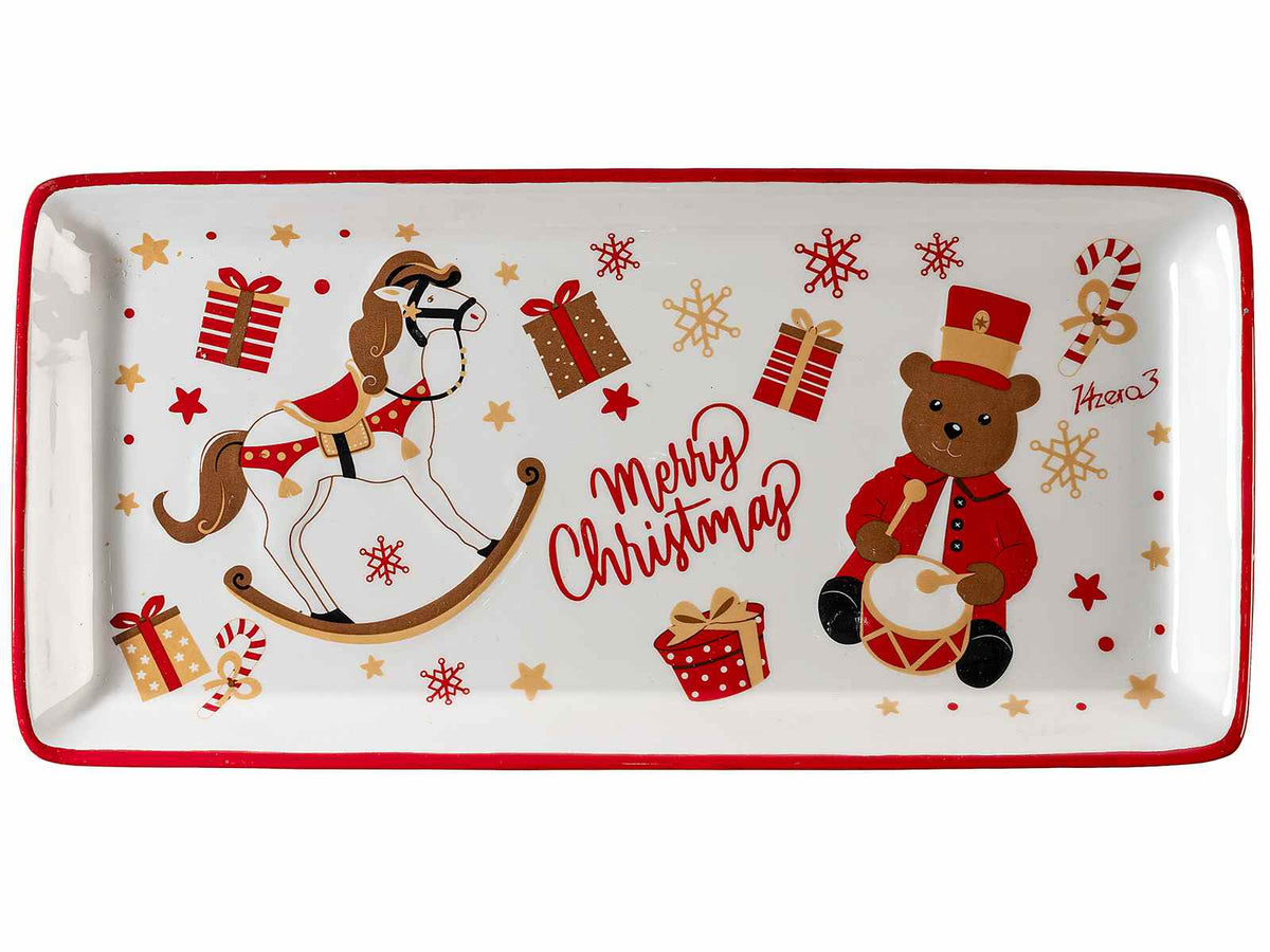 Piatti a vassoio per alimenti di Natale in ceramica lucida con decori cavallino, set da 2 pezzi, cm 29,5 x 14 H