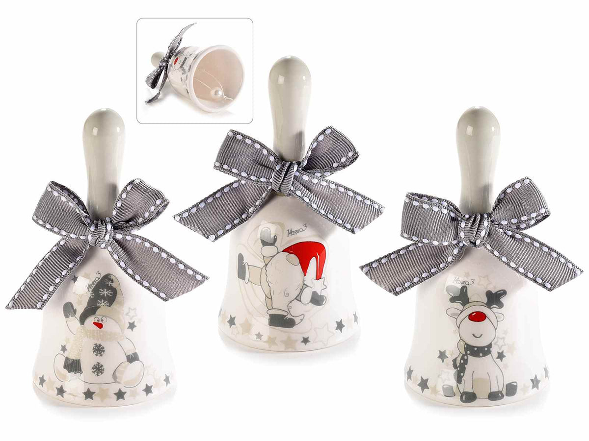 Campanelle in ceramica decori renna, babbo natale e pupazzo di neve con fiocco, set da 6 pezzi, Ø 5 cm x 10 H