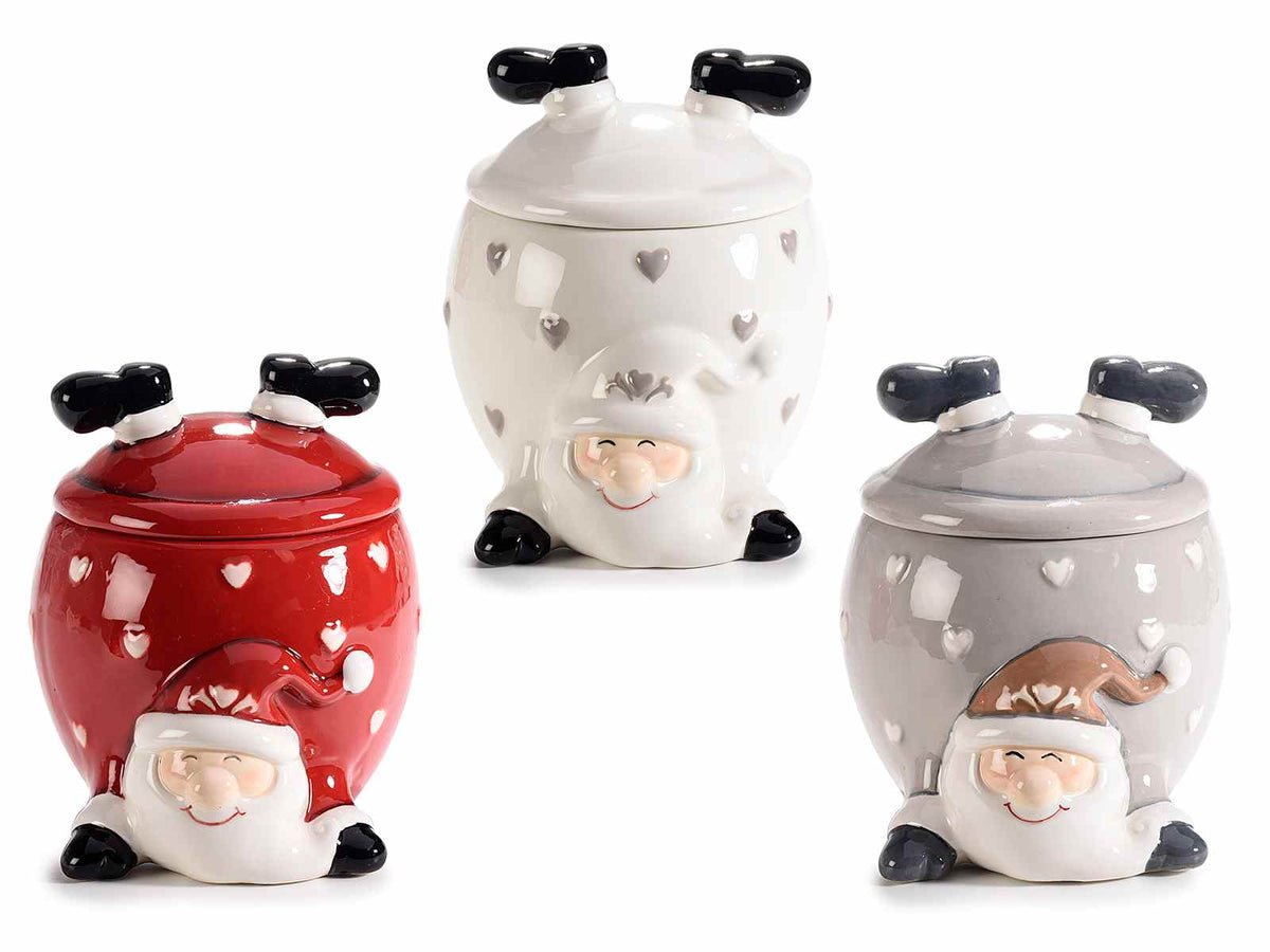 Barattoli contenitori a Babbo Natale in ceramica colorata con coperchio, set da 3 pezzi, cm 11 x 13 x 13,5 H