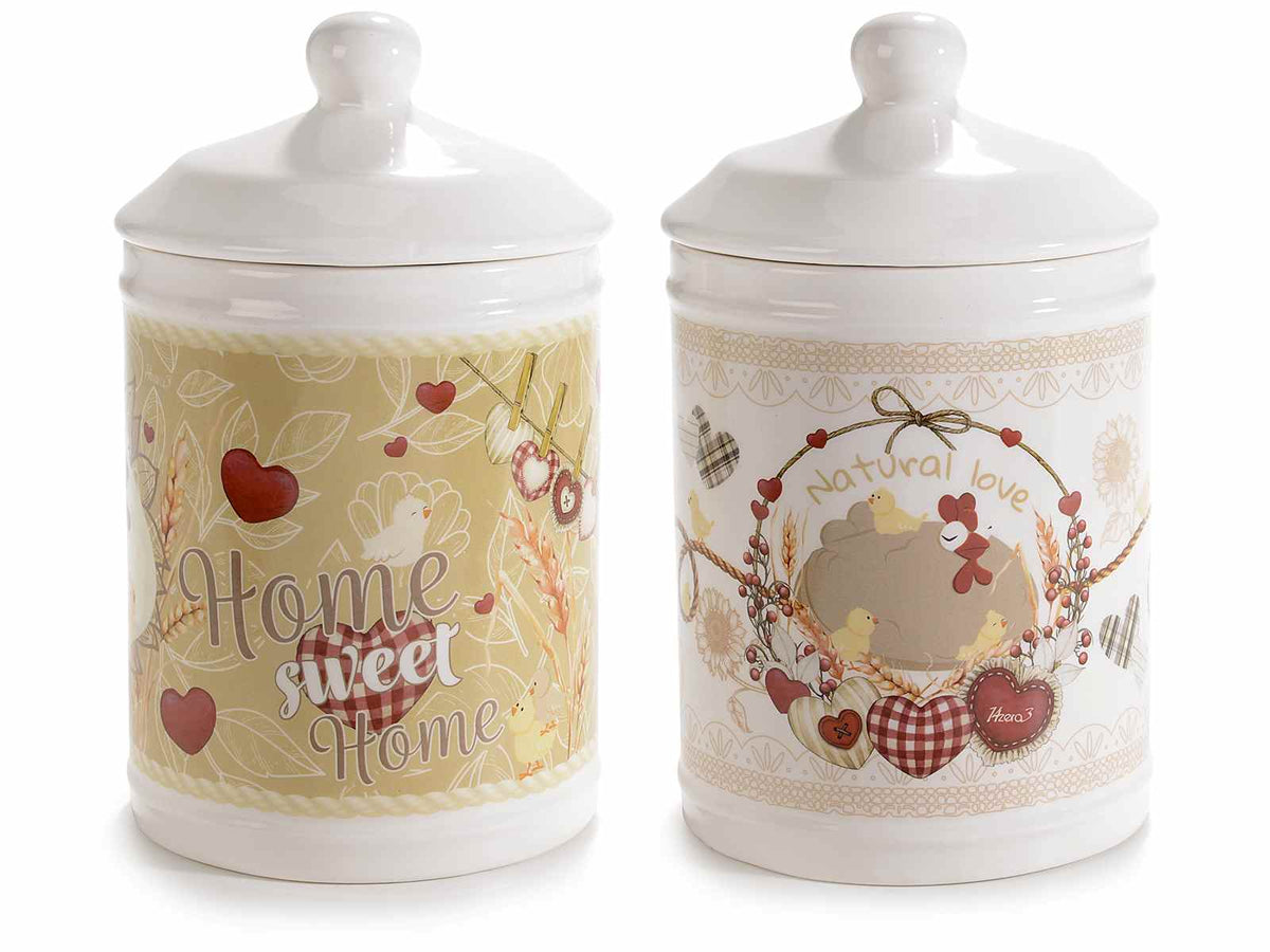 Barattoli in ceramica con decorazioni gallinelle, set da 2 pezzi, Ø 11,5 cm x 19 H