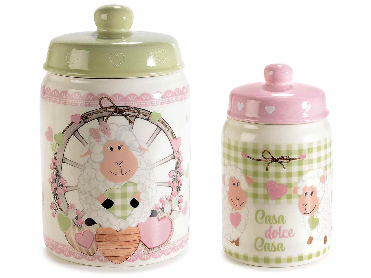 Barattoli pasquali in ceramica con coperchio e decorazioni pecorella, Grande: Ø 11,5 cm x 19 H
