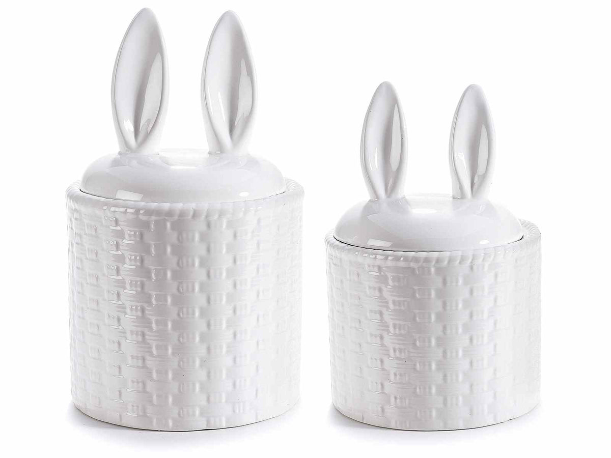 Set 2 barattoli / contenitori in ceramica con coperchio a forma di orecchie, Grande: Ø 13,5 cm x 23 H