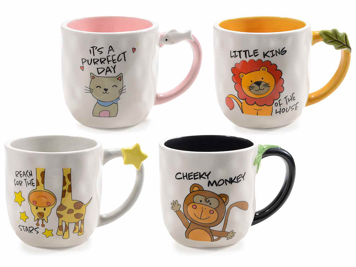Tazze in ceramica martellata 480 ml con stampa animaletti e decoro in rilievo, set da 4 pezzi, Ø 9,5 cm x 9,5 H