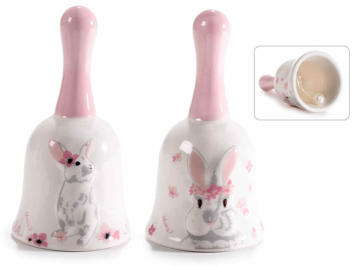 Campanelle in ceramica con decorazione a coniglietto in rilievo e con batacchio, set da 6 pezzi, Ø 5 cm x 10 H