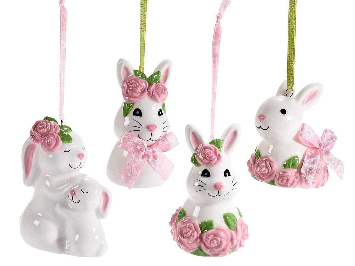 Conigli di Pasqua in ceramica lucida da appendere con rose in rilievo, set da 8 pezzi, cm 6,5 x 4 x 8 H