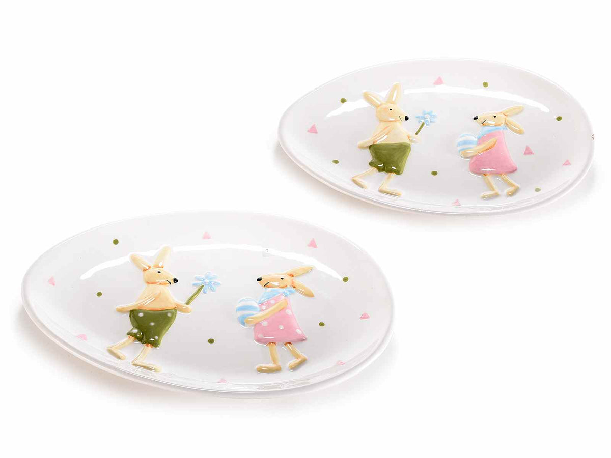 Piatti di Pasqua a uovo in ceramica con decoro coniglietto in rilievo in set, set da 2 pezzi, Grande: cm 20,5 x 14 H