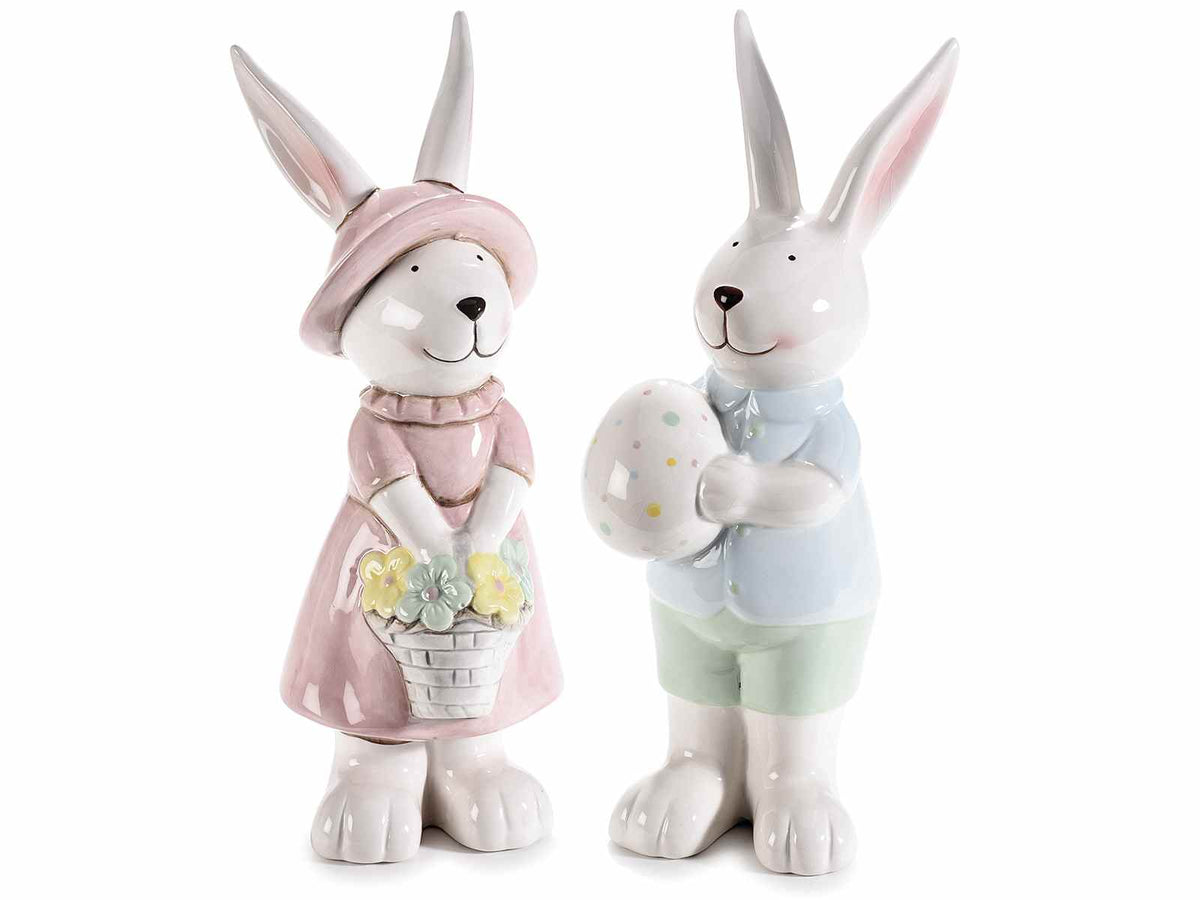 Coniglietti pasquali in coppia in ceramica lucida colorata da appoggiare, set da 2 pezzi, cm 10,5 x 10,5 x 28 H