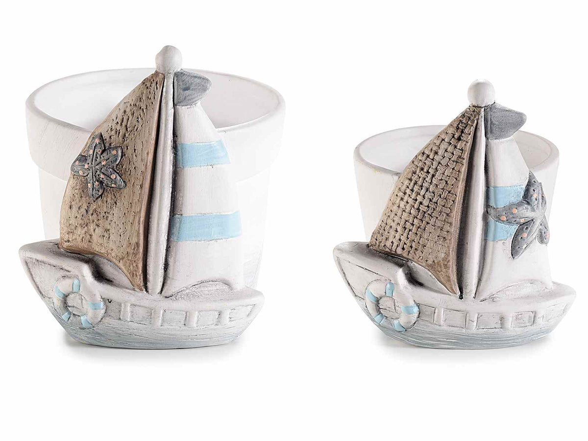Vaso barca a vela in ceramica in set da due pezzi, set da 2 pezzi, Grande: cm 10,5x11x12 H