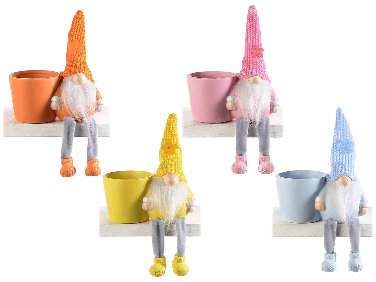 Vasetti in ceramica colorata con gnomo gambelunghe e cappello in maglia, set da 4 pezzi, cm 13x7x16 H (capp / esteso)