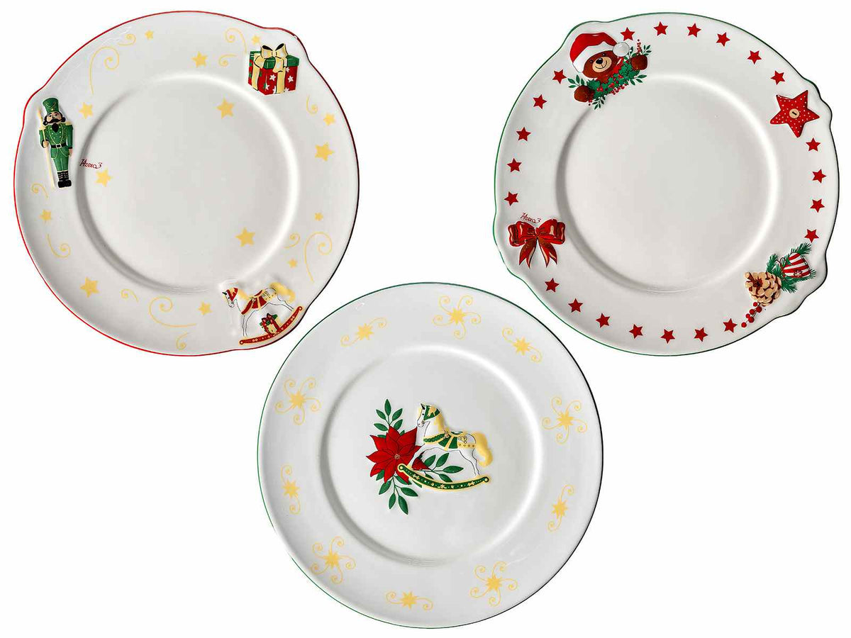 Piatti di Natale in ceramica per alimenti con decori in rilievo, con orsetti, set da 3 pezzi, Ø 26 cm