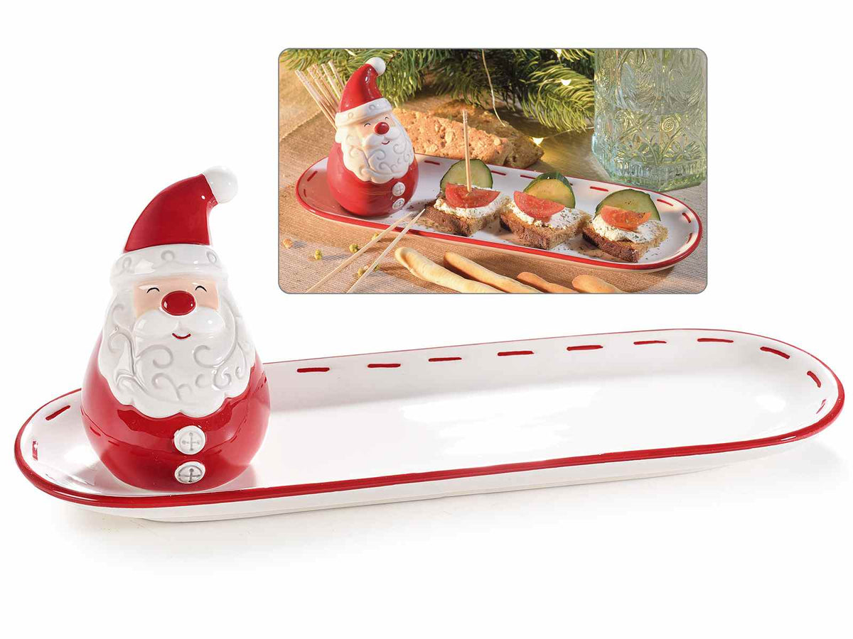 Set aperitivo natalizio con Babbo Natale porta stuzzicadenti e piatto, set da 2 pezzi, Piatto: cm 25,5 x 8