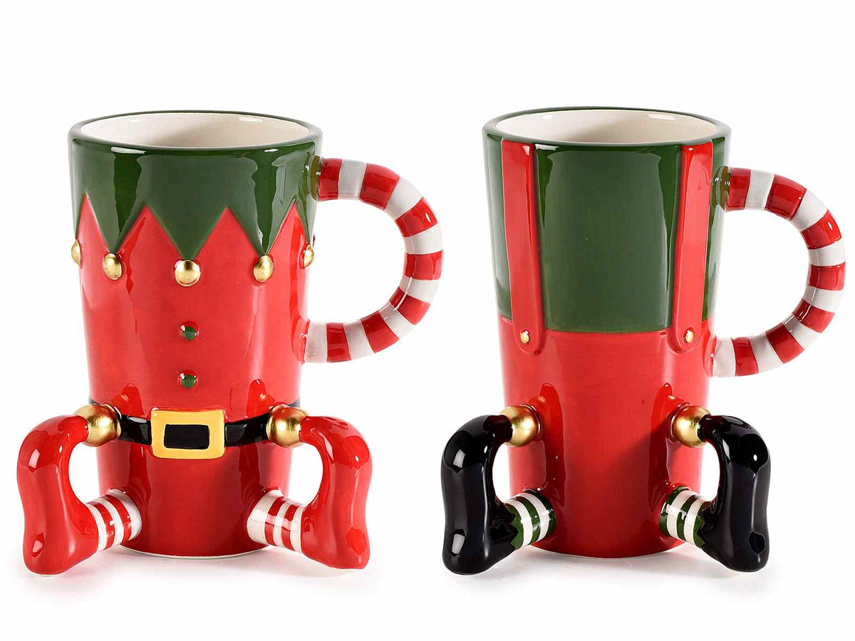 Tazze di Natale in ceramica lucida a forma di elfo con abiti con dettagli, set da 2 pezzi, Ø 9 cm x 13 H