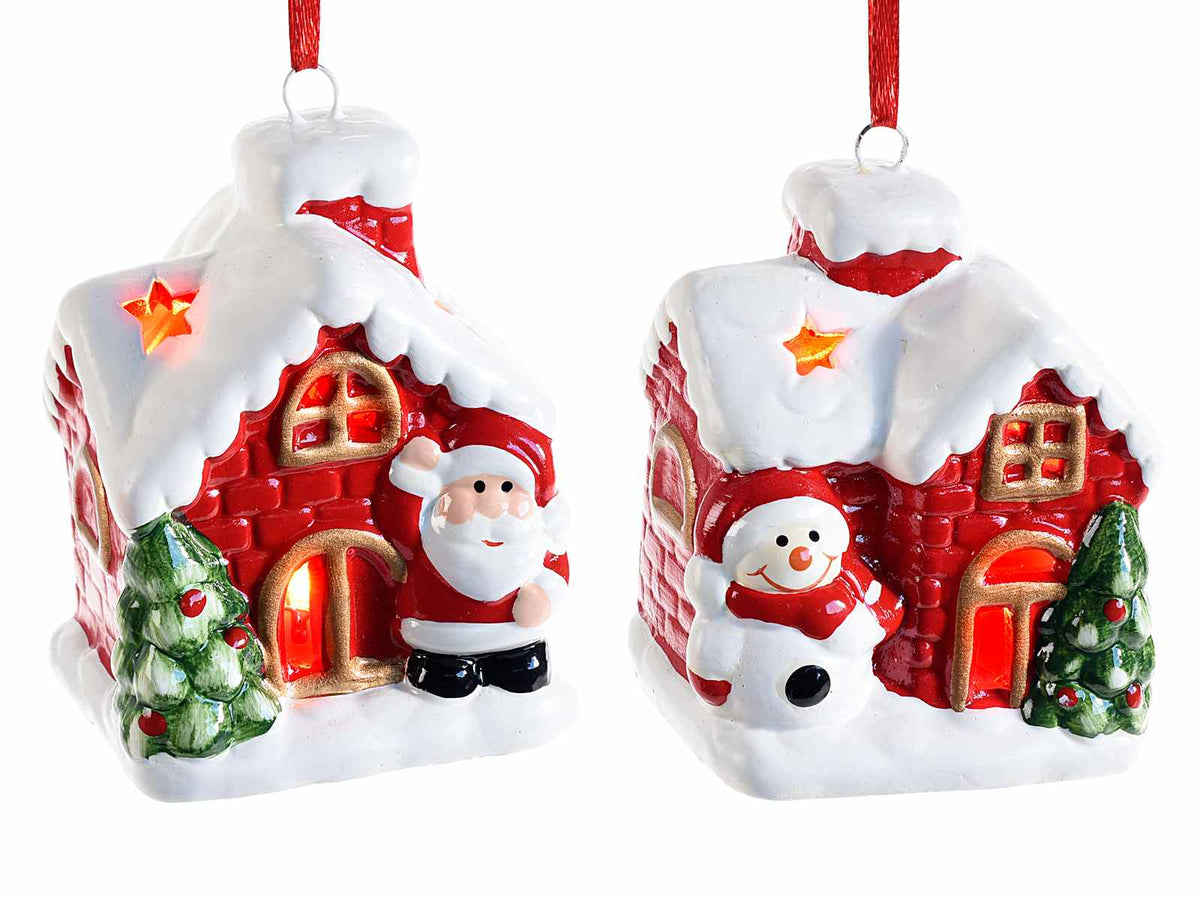 Set di 8 casette da appendere in ceramica con personaggi natalizi con luci, cm 5,5 x 5 x 7 H