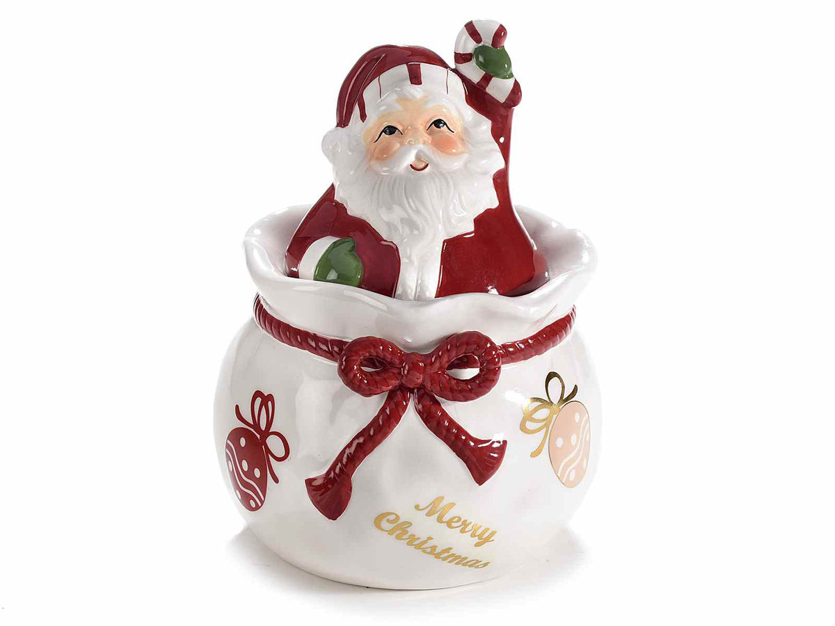 Barattoli / biscottiera / contenitore per alimenti / barattolo portadolci di Natale in ceramica con Babbo Natale nel sacco doni e decorazioni colorate