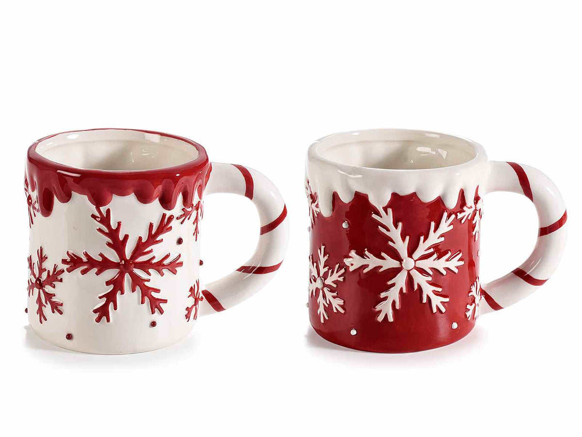 Tazze di Natale con manico a dolcetto in ceramica colorata lucida e dettagli, set da 4 pezzi, Ø 9,5 cm x 9,5 H