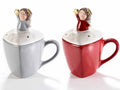 Tazze di Natale in ceramica a cuore con coperchio con angelo e stelline, set da 2 pezzi, cm 9,5 x 8,5 x 8,5 H