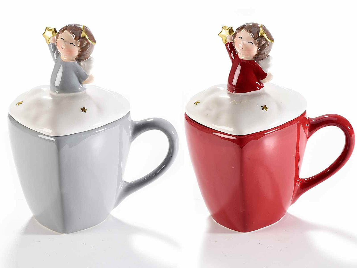 Tazze di Natale in ceramica a cuore con coperchio con angelo e stelline, set da 2 pezzi, cm 9,5 x 8,5 x 8,5 H