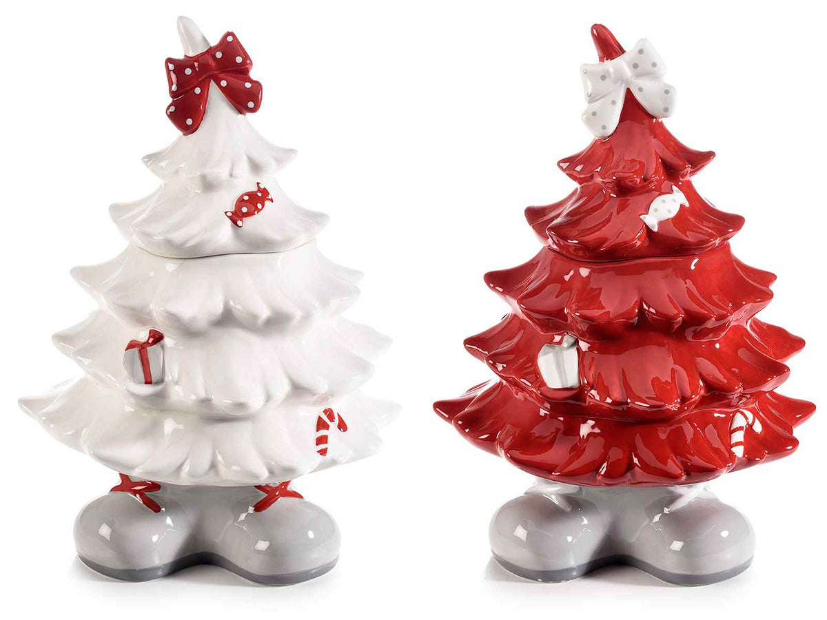 Barattoli contenitore a forma di albero di Natale con piedini in ceramica, set da 2 pezzi, cm 17 x 15,5 x 24 H