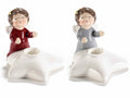 Portacandela di Natale con base stella in ceramica e decoro angioletto, set da 4 pezzi, cm 12 x 10 x 8,5 H