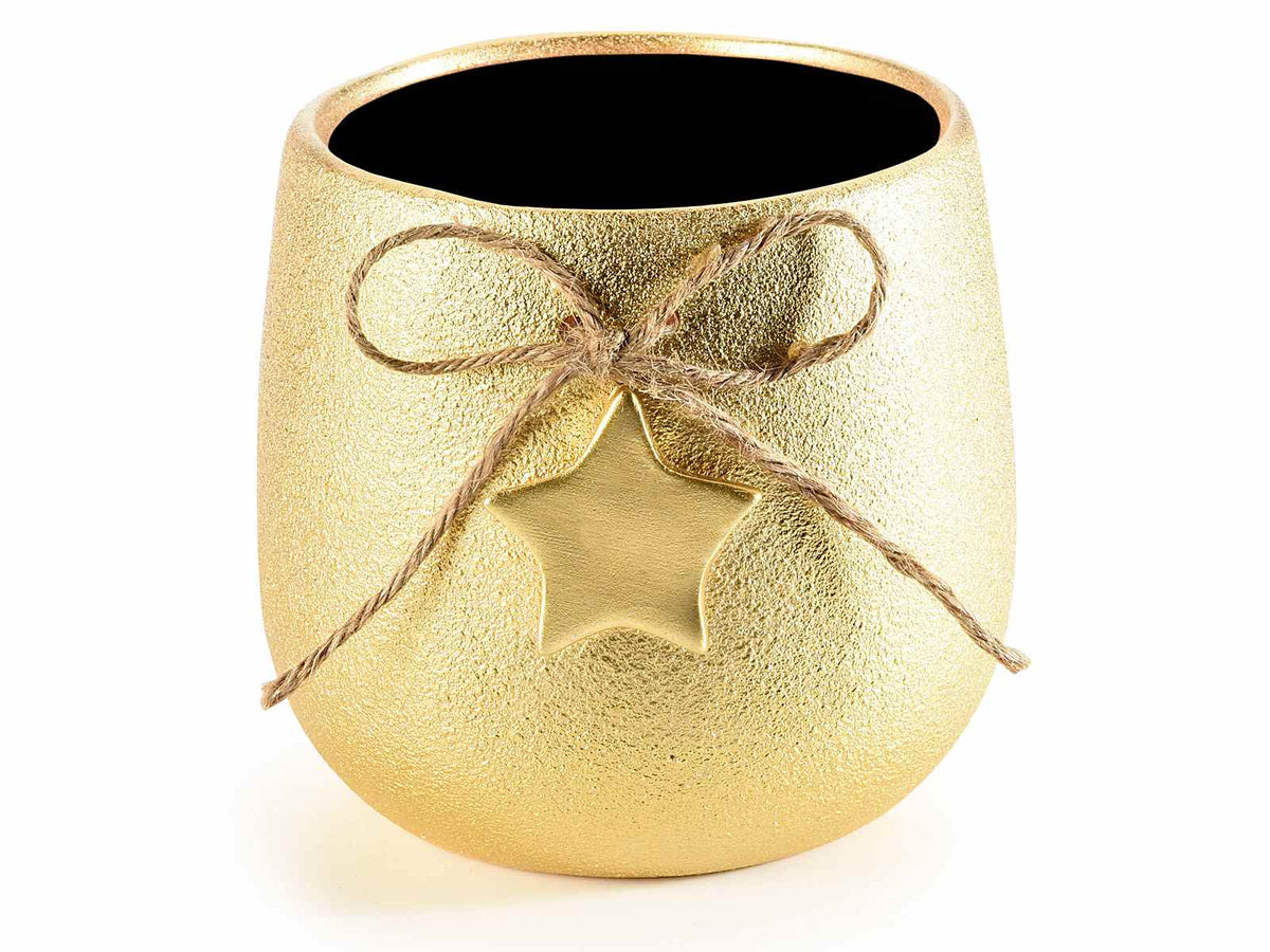 Vasi di Natale color oro in ceramica grezza dorata con cordino e stella, set da 3 pezzi, Ø 13,5 cm x 12,5 H