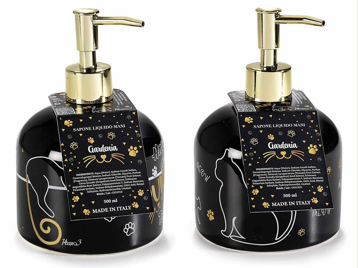 Dispenser per sapone mani in ceramica con decori gatto, erogatore color oro, set da 4 pezzi, Ø 10,5 cm x 16 H