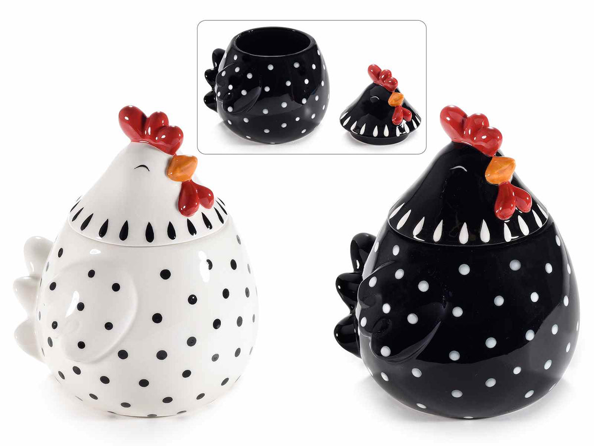 Barattolo / portadolci / biscottiera alimentare a gallinella in ceramica, set da 2 pezzi, cm 15,5 x 15 x 17,5 H