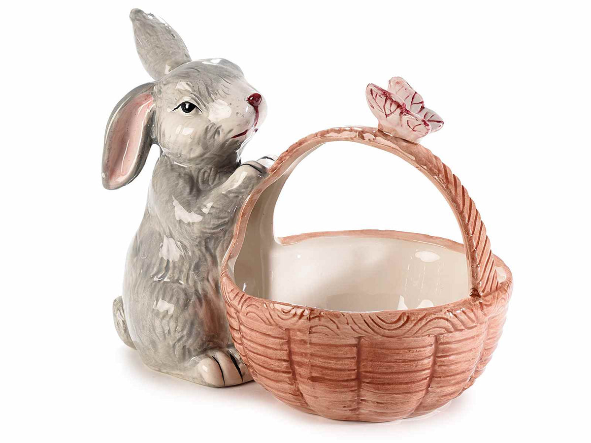 Cestini pasquali in ceramica con manico, coniglietto e farfalla, set da 2 pezzi, cm 22,5 x 13 x 16,5 H