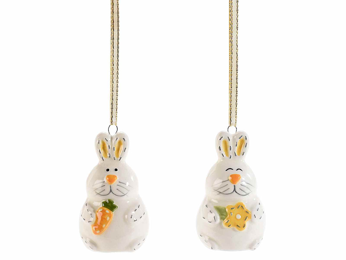 Coniglietti pasquali in ceramica da appendere con decori a carota e margherita, set da 8 pezzi, cm 3,5 x 3,5 x 6 H