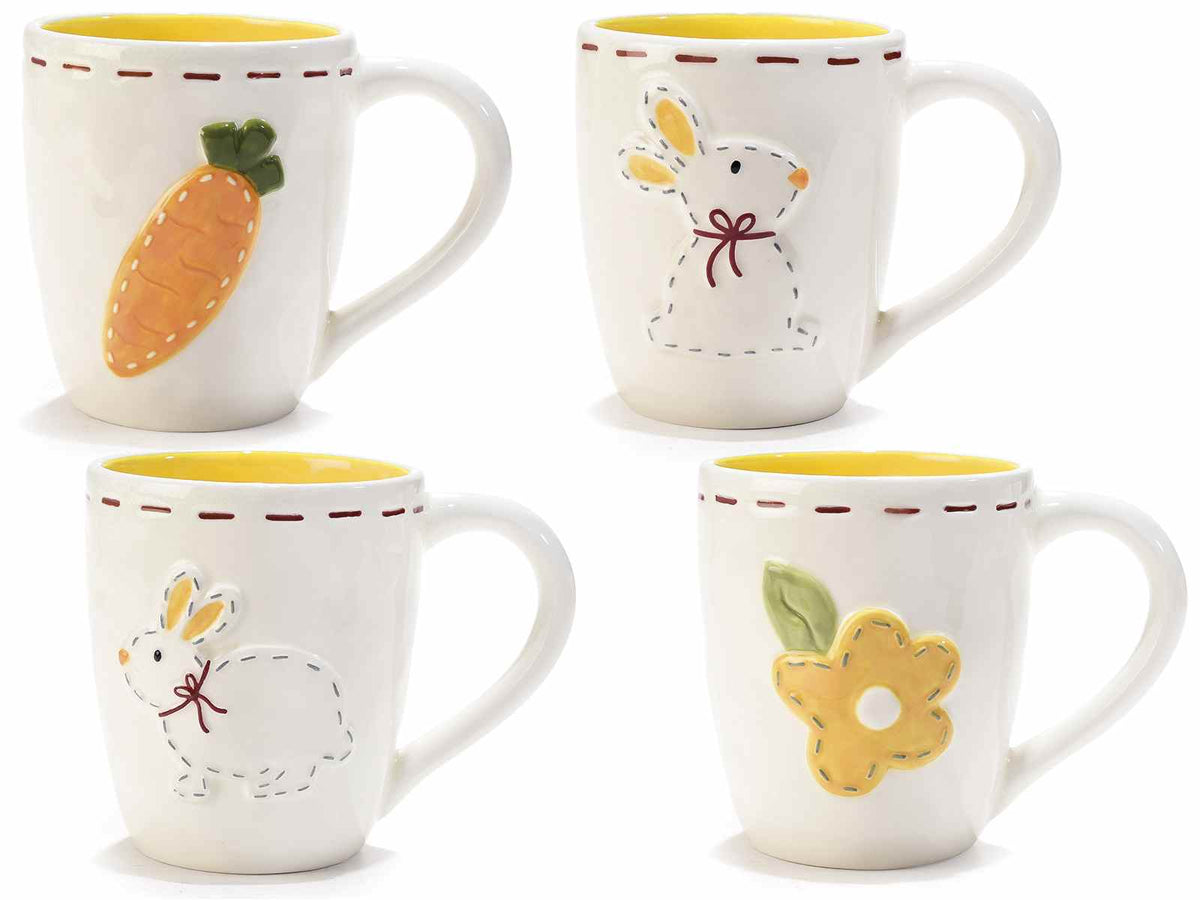 Tazze pasquali in ceramica con interno colorato e decori in rilievo, set da 4 pezzi, Ø 9 cm x 10,5 H